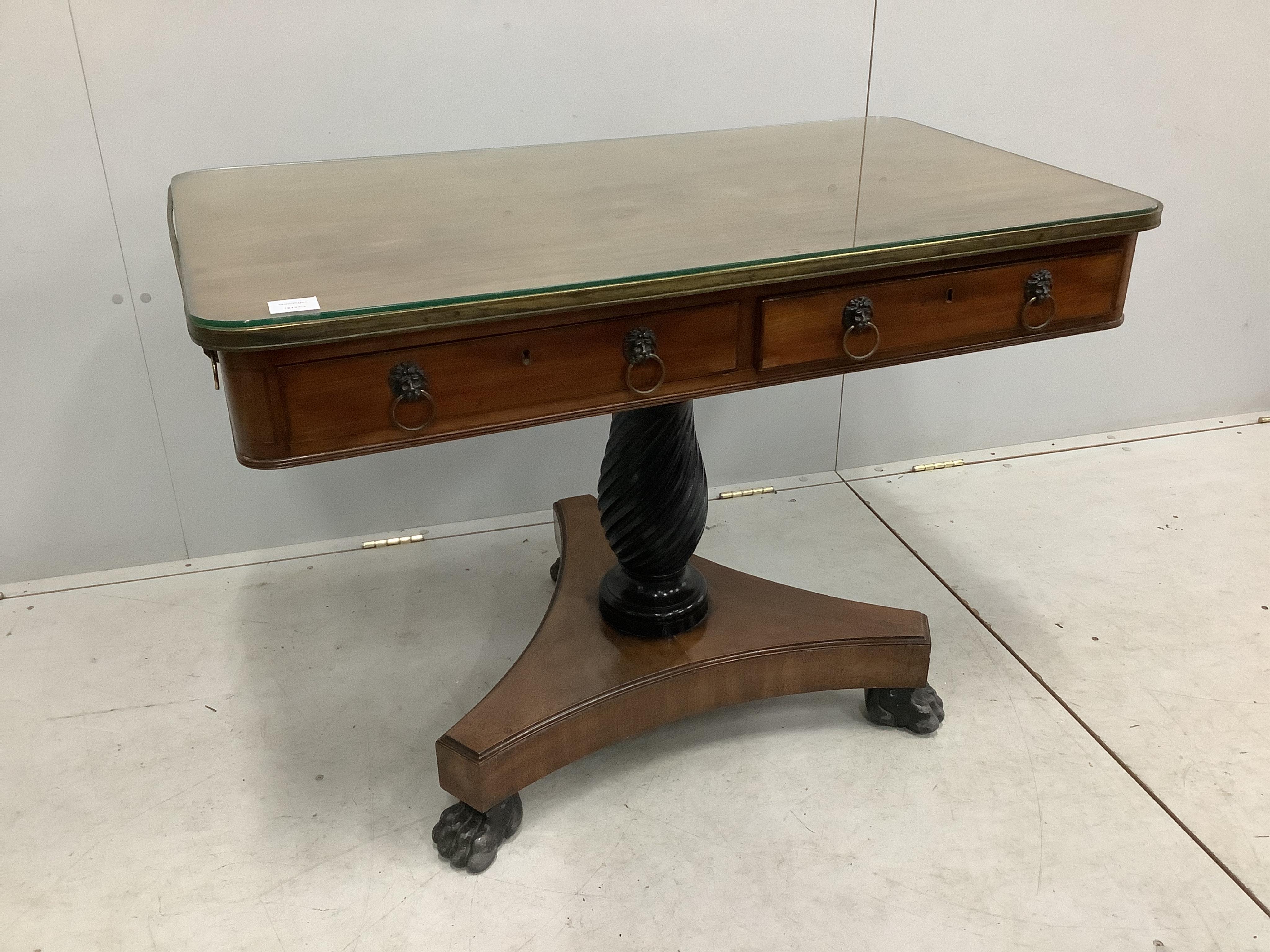 A George IV brass mounted rectangular mahogany two drawer centre table, width 102cm, depth 59cm, height 71cm. Condition - fair